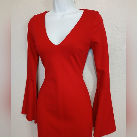 Just Me Red Long Flared Bell Sleeve Midi Pencil Dress Sheath Bodycon V Neck - Picture 5 of 7